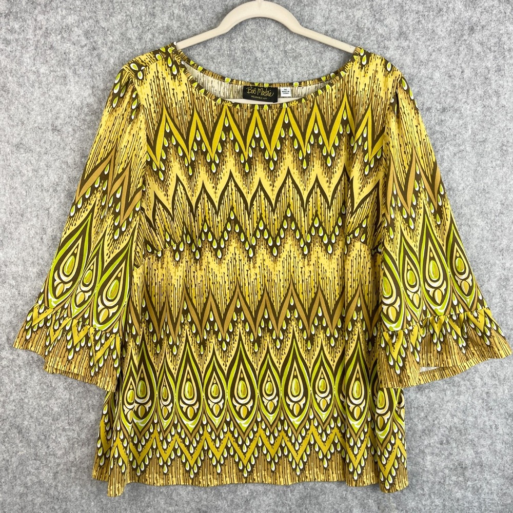 Bob Mackie Top Womens 1X Yellow Flutter 3/4 Sleeve Stretchy Wearable Art Boho